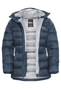 Marineblaue Daunenjacke mit grauem Innenfutter, ausgestattet mit einer Kapuze, Reißverschluss und gestepptem Design. Glatte Textur und elastische Bündchen.