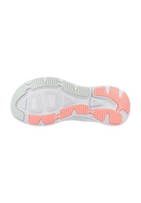 Shoe sole with a white base, featuring gray and coral rubber traction patterns; textured areas enhance grip and support.