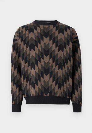 Camisola de lã com padrão em chevron preto e castanho, com decote redondo e punhos canelados. Textura suave e espessura média.