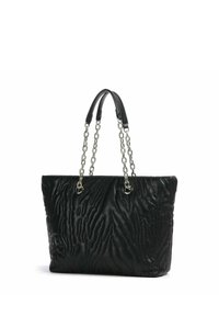Sac cabas en cuir noir avec une texture matelassée, doté de doubles bandoulières en chaîne et cuir. Accents métalliques argentés avec une forme structurée.
