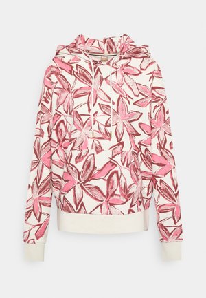 Bluza z kapturem z różowo-brązowym kwiatowym wzorem, przednią kieszenią kangurką, białymi sznurkami oraz ściągaczami na mankietach i u dołu.