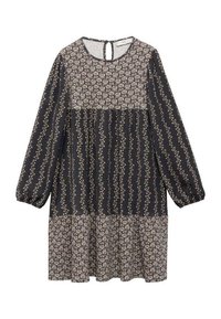 Mörkblommig klänning med långa puffärmar, rund halsringning och flera lager. Har ett delikat blommönster på en marinblå bakgrund.