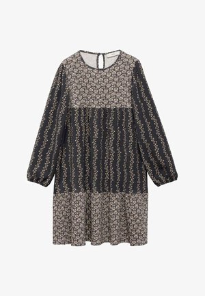 Rochie florală închisă, cu mâneci lungi tip puff, decolteu rotund și un design în straturi. Prezintă un model floral delicat pe un fundal marin.