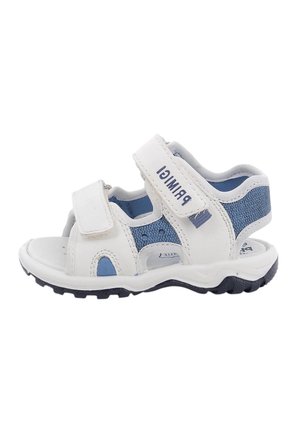 Sandalo aperto bianco e blu per bambini con cinturini in velcro e suola nera robusta su sfondo bianco.
