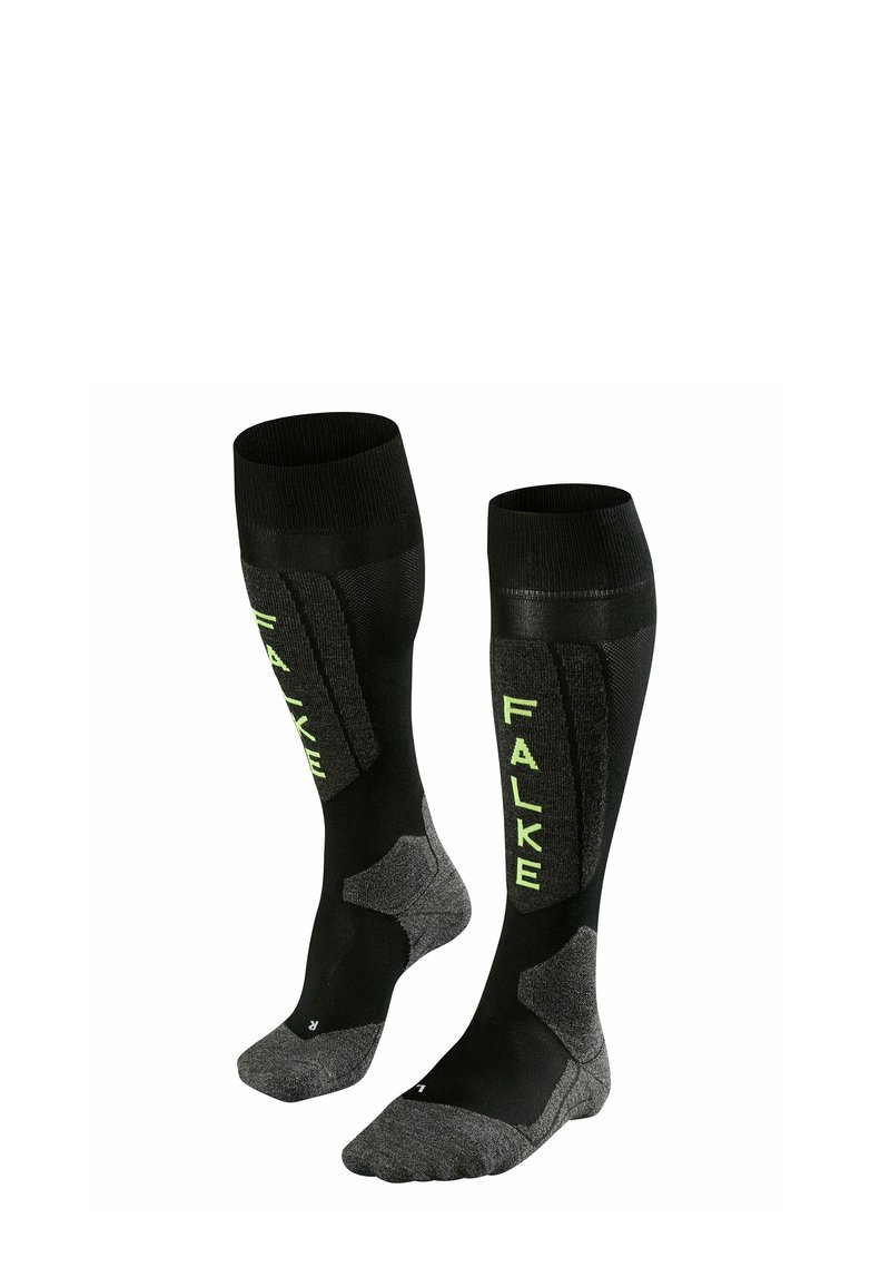 Schwarze knielange Socken mit grünem "FALKE"-Logo. Hergestellt aus einem Materialmix und mit einem strukturierten unteren Bereich für Grip und Komfort.