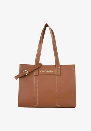 Braune Leder-Shopper-Tasche mit zwei Tragegriffen und einem verstellbaren Riemen. Verfügt über weiße Nahtdetails und ein goldenes "VALENTINO"-Logo auf der Vorderseite.