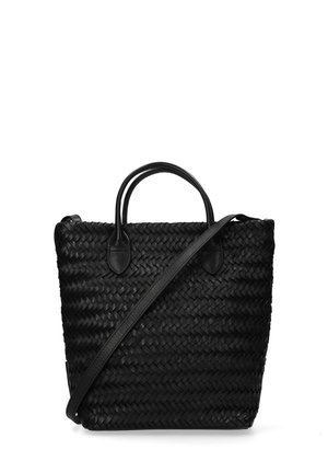 Zwarte geweven leren handtas met dubbele handvatten en een lange verstelbare schouderriem, rechthoekige vorm met afgeronde bovenranden.
