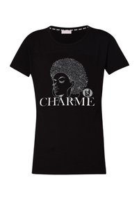 T-shirt nera in cotone con scollo rotondo. Presenta una grafica di un volto stilizzato e la parola "CHARME" in testo bianco.