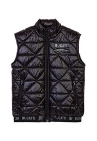 Gilet trapuntato nero con colletto alto, fronte con zip e due tasche laterali. Presenta il logo "BUGATTI" e orli elastici brandizzati.