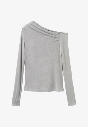 Asymmetrical long-sleeve top in light gray, made of soft fabric, featuring a draped neckline and fitted cut with one bare shoulder.