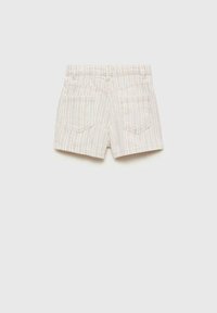 Shorts rayés en tissu doux, avec une taille haute, deux poches arrière, et un design léger et texturé aux couleurs pastel.