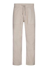 Beige dråsningsbyxor tillverkade av mjukt tyg. Har två stora framfickor och en avslappnad passform. Slät textur, med elastisk midja.