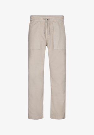 Beige broek met trekkoord, gemaakt van zachte stof. Beschikt over twee grote frontzakken en een relaxte pasvorm. Gladde textuur, met elastische tailleband.
