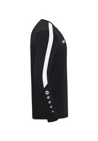 Chemise noire à manches longues avec des rayures blanches sur les côtés et des accents de boutons ronds sur les manches. Fabriquée en tissu lisse et extensible.