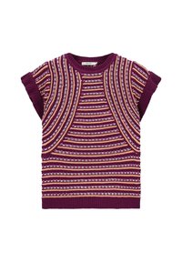 Haut en tricot violet profond avec un motif rayé horizontal en crème, rose et accents dorés, présentant des manches courtes et un col côtelé.