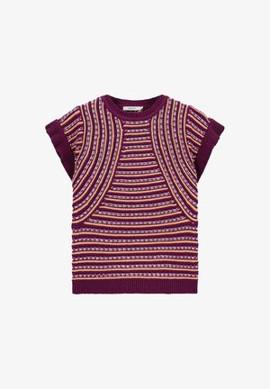Brede paarse gebreide top met horizontaal gestreept patroon in crème, roze en gouden accenten, met korte mouwen en een ribbelkraag.
