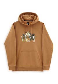 Sudadera marrón de mezcla de algodón, que presenta un bolsillo frontal y un gráfico floral con el texto "VANS". Incluye capucha ajustable con cordón.