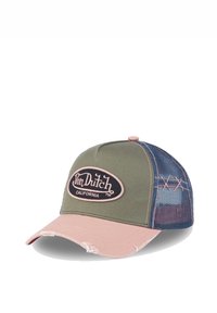 Gorro verde con visera rosa y parte trasera de malla. Presenta una insignia circular del logo de Von Dutch en rosa. Bisel desgastado en la visera. Detalles tejidos a los lados.