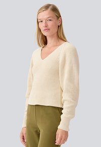Hellbeige gestrickter Pullover mit V-Ausschnitt, gerippter Textur und langen Ärmeln. Kurz geschnittenes Design mit dezenten Details entlang der Ärmelnähte.