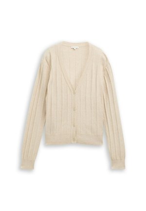 Beige geribde cardigan met een V-hals, lange mouwen en zes knoopsluitingen. Gemaakt van zacht materiaal met een textuurafwerking.