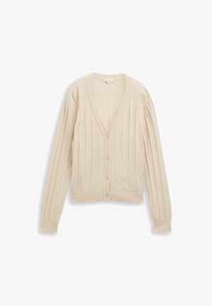 Beež ribakujuline kardigan V-kaelusega, pikkade varrukatega ja kuue nupuga kinnitusega. Valmistatud pehmest materjalist, millel on tekstuuriga viimistlus.