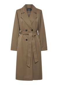 Brun trenchcoat med dobbeltradet design, lange ermer og belte som knytes. Laget av et glatt materiale, med store svarte knapper.