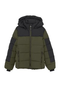 Puffjacka i olivgrön och svart, med huva, dragkedjestängning och sidofickor med en quiltad design och texturerad tyg.