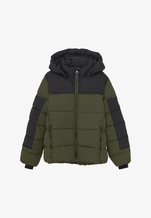 Pufferjack in olijfgroen en zwart, met een capuchon, ritssluiting en zijzakken, voorzien van een geborduurd ontwerp en textuurstof.