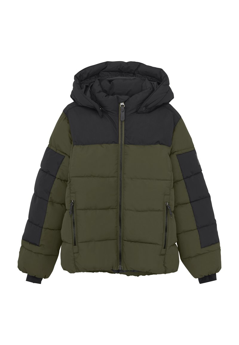 Puffjacka i olivgrön och svart, med huva, dragkedjestängning och sidofickor med en quiltad design och texturerad tyg.