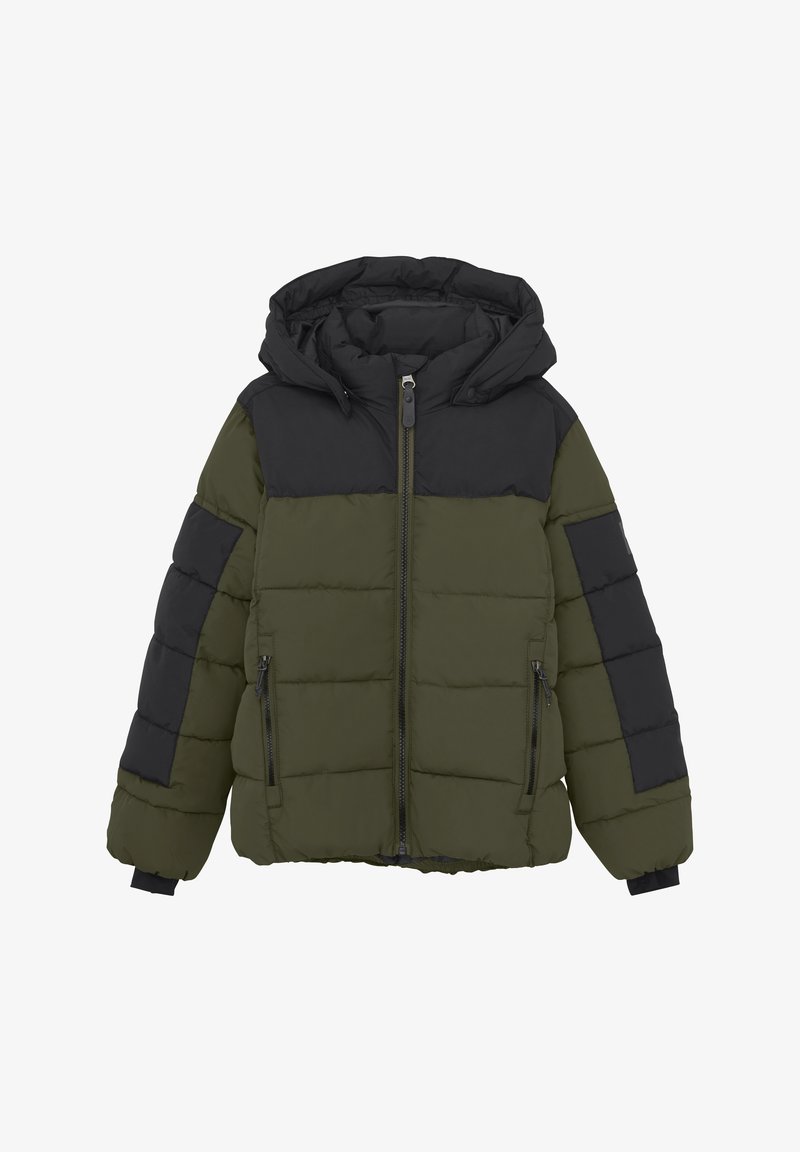 Pufferjakke i olivengrøn og sort, med hætte, lynlås og sidelommer, der har en quiltet design og tekstureret stof.
