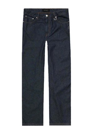 Jeans in denim blu scuro con gambe dritte, bottone frontale, passanti per cintura e tasche anteriori su sfondo bianco.