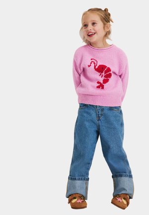 Niño sonriente de pie, vistiendo un suéter rosa con un diseño de camarón rojo, jeans azules con puños y zapatillas mocasín marrones con decoración de flores.