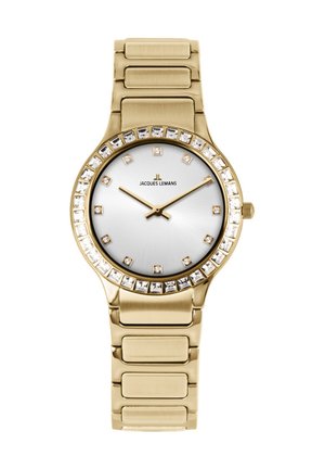 Goldene Armbanduhr mit weißem Zifferblatt, kristallbesetzten Stundenmarkierungen, kristallbesetzter Lünette und goldenem Gliederarmband, zeigt 10:10 Uhr an.
