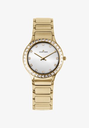 Goldene Armbanduhr mit weißem Zifferblatt, kristallbesetzten Stundenmarkierungen, kristallbesetzter Lünette und goldenem Gliederarmband, zeigt 10:10 Uhr an.