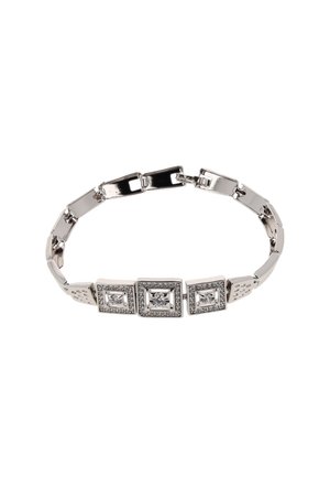 Ezüst karkötő, téglalap alakú szemekből áll, három középső négyzet alakú résszel, amelyeket apró, tiszta kristályok díszítenek.