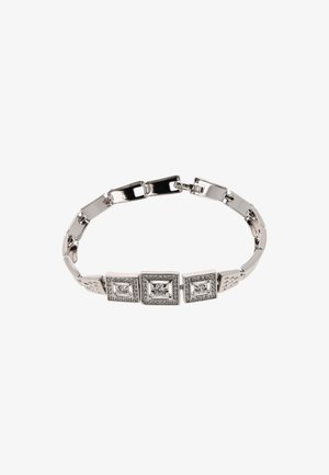 Hopeaketju, jossa on suorakulmaisia lenkkejä, ja keskellä kolme neliömäistä osaa, jotka on koristeltu pienillä kirkkailla kiteillä.