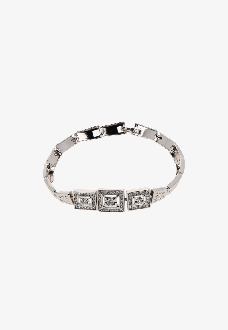 Pulsera de plata con eslabones rectangulares, que presenta tres secciones centrales cuadradas decoradas con pequeños cristales transparentes.