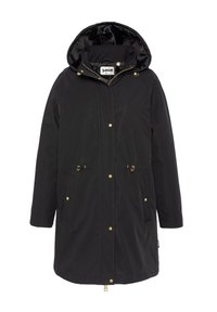 Cappotto impermeabile nero con cappuccio, dotato di dettagli in oro, due tasche frontali e chiusura con zip. Esterno liscio con finitura opaca.