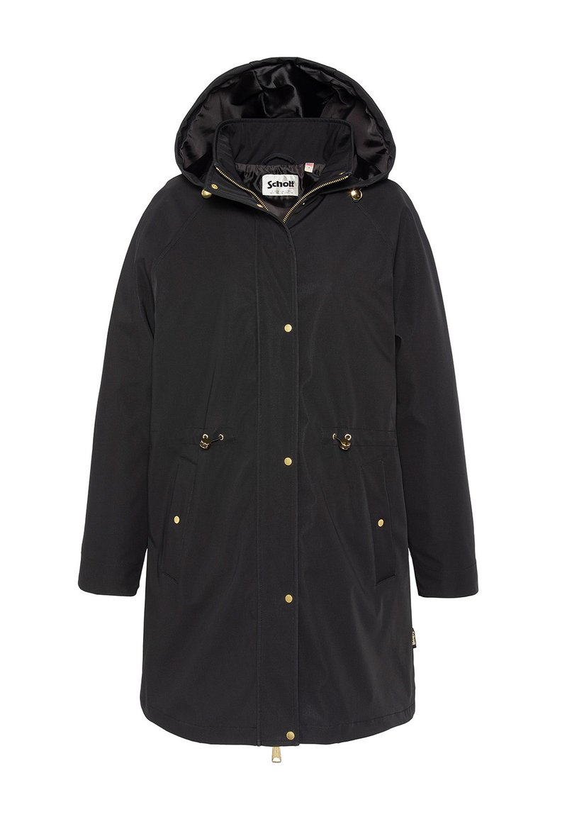Cappotto impermeabile nero con cappuccio, dotato di dettagli in oro, due tasche frontali e chiusura con zip. Esterno liscio con finitura opaca.
