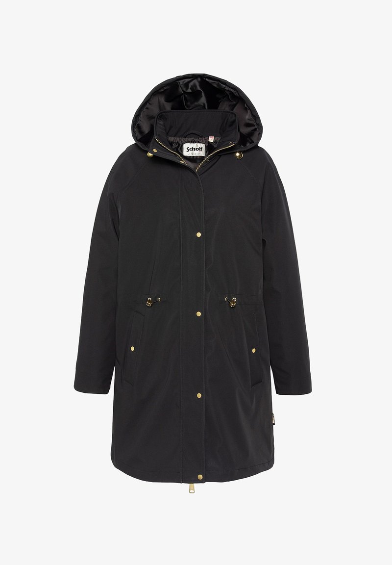 Cappotto impermeabile nero con cappuccio, dotato di dettagli in oro, due tasche frontali e chiusura con zip. Esterno liscio con finitura opaca.