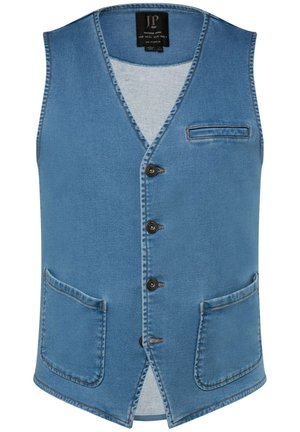 Džínová vesta v světle modré barvě s výstřihem do V, pěti knoflíky, kapsou na levé straně hrudi a dvěma předními kapsami. Obsahuje viditelné švy jako dekorativní prvek.