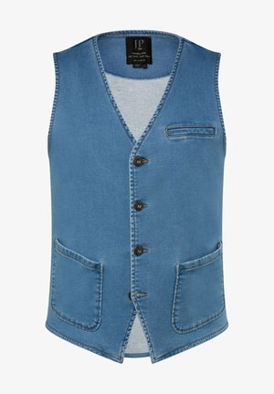 Leren spencer in lichtblauw met een V-hals, vijf knopen, een zak op de linkerkant van de borst en twee voorzakken. Bevat zichtbare stikselaccenten.