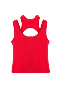 Top sin mangas rojo para mujer con diseño de espalda al descubierto y corte circular debajo del escote sobre un fondo blanco.