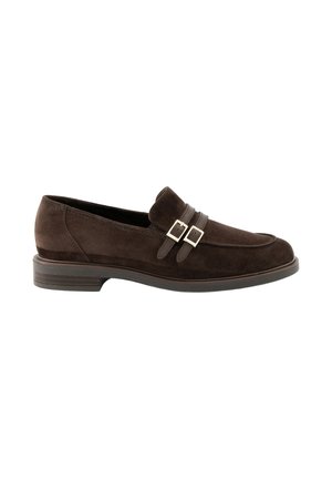Dark brown suede loafer with double leather straps and silver buckles, low stacked heel, and rounded toe design.