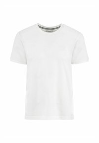 Biała koszulka wykonana z bawełny, z krótkimi rękawami, okrągłym dekoltem i subtelnym wytłoczonym logo na piersi. Prosty, jednolity design.