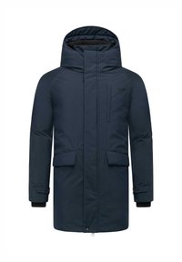 Granatowy parka z wysokim kołnierzem i przymocowanym kapturem. Posiada dwie przednie kieszenie, elastyczne mankiety oraz zamek błyskawiczny z dodatkowymi zatrzaskami.