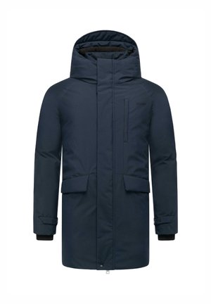 Navy blue parka with a high collar and attached hood. Features two front pockets, elastic cuffs, and a zip closure with additional snap.