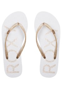 Vita flip-flops med glittriga guldremmar, med en texturerad sula och stor "ROXY"-logga i glänsande guld över toppen.