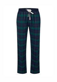 Heren loungebroek met ruitpatroon in groen en marineblauw, voorzien van een trekkoord in de taille, rechte pijpen en een textuur van katoen.