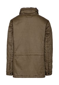 Braune, strukturierte Jacke mit einem Kunstfellkragen, einer Schulterpasse auf der Rückseite und Seitennahttaschen. Verfügt über Knopfdetails an den Manschetten.